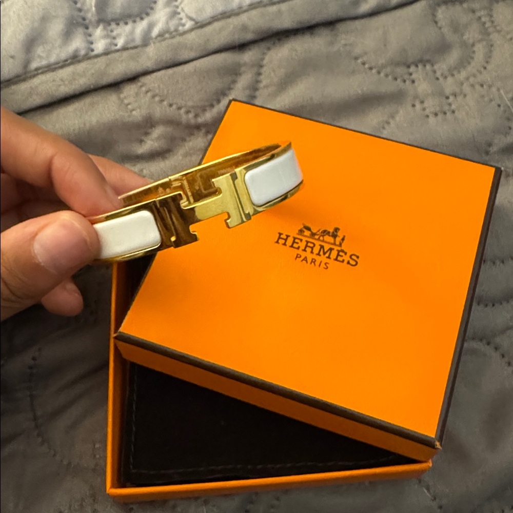 Hermès Clic H White and Gold Bracelet